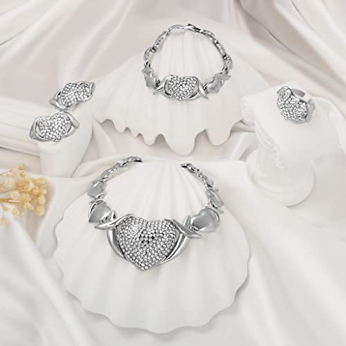 SYHOL Gold Jewelry Set 18K Gold Accessories for Women Jewelry Set Wedding Bridal Fashion Jewelry Sets Women Accessories Bracelets Earrings and Rings Sweetheart Gifts - color: Silver