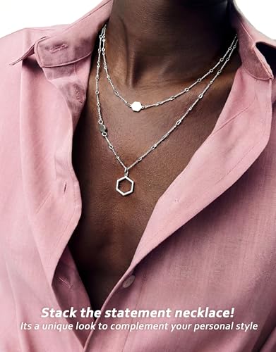UBGICIG Honeycomb Layered Necklaces for Women Stackable, Dainty Layering Pendant Necklace Non Tarnish, Trendy 16K Plated Silver Gold Necklace Stack Chain Women's Fashion Jewelry - color: Layered Honeycomb-Silver Color