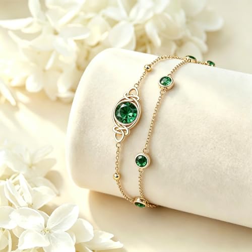 Midari 18K Gold Irish Infinity Celtic Knot Birthstone Layed Anklet Bracelet with 12 Months Birthstone Birthday Jewelry Gifts for Women Mom - color: 05-Emerald, size: Bracelet 7"-9"