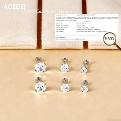 AOEDEJ 20/18/16G Titanium Internally Threaded Flat Back Stud Earrings 3/4/5mm Stars Square CZ Nose Lip Medusa Monroe Labret Piercing Jewelry for Cartilage Conch Tragus Helix Ear Studs - style: 20G-Round
