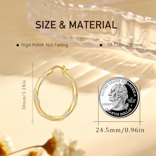 14K Gold Hoop Earrings for Women Thick Large Earrings Lightweight | Gold Plated Huggie Earrings for Women Hypoallergenic (with Gift Box) - color: Spiral CZ-30MM