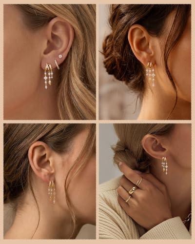 Dangle Gold Earrings for Women Trendy Triple Huggie Chain Earrings 14K Gold Plated Statement Cute Drop Dangle Earrings Dainty Hypoallergenic Chunky Hoop Earrings Fun Earring Stacks Jewelry - color: E-Clover Leaf Earrings
