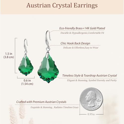 EVEVIC Austrian Crystal Baroque Teardrop Dangle Earrings for Women | 14K Gold-Plated,Hypoallergenic,Brilliant Facets,Fluid Movement,Easy-Wear Fishhook Fit,For Daily Wear And Special Occasions - color: Green
