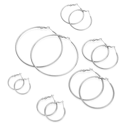6 Pairs Silver Hoop Earrings for Women | Hypoallergenic Stainless Steel Lightweight Small Medium Large Hoops Set, 20-70mm Clip on Sterling Silver Post Jewelry