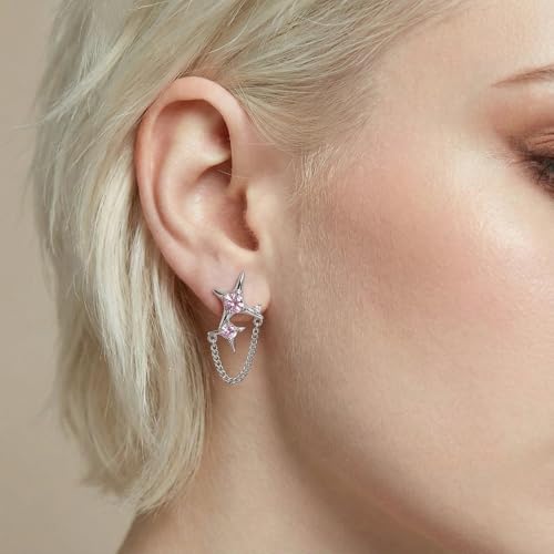 Celestial Charm Glow Stardust Chain Climber Earrings | White Gold Plated Brass, S925 Sterling Silver, Pink Cubic Zirconia, Chain Climber Design, Celestial Style, Evening Casual Wear | Fashion earrings for women