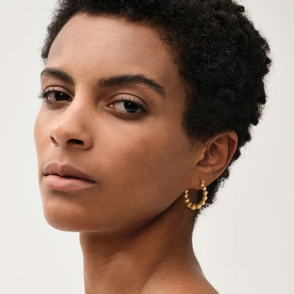 MEVECCO Chunky Huggie Hoop Earrings for Women Starburst Beaded Styles | 18K Gold Plated Brass, Triple Or Single Cubic Zirconia Star Details, Graduated Rounded Profile, Front Stone Row - style: Beaded Hoop GD
