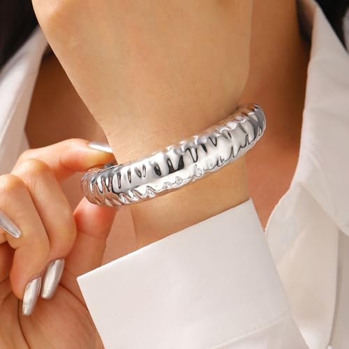 Chunky Geometric Textured Open Cuff Bangle Bracelet for Women Men Trendy Hammered Statement Cuff Bracelet Spiraled Oval Charm Cuff Bracelet Jewelry Gifts - color: Style A S