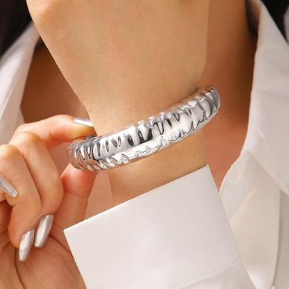 Chunky Geometric Textured Open Cuff Bangle Bracelet for Women Men Trendy Hammered Statement Cuff Bracelet Spiraled Oval Charm Cuff Bracelet Jewelry Gifts - color: Style A S
