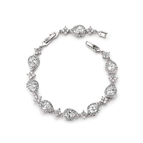 SWEETV Wedding Teardrop Bracelets for Brides Bridesmaids, Crystal Cubic Zirconia Bridal Bracelets for Women Prom - color: Silver