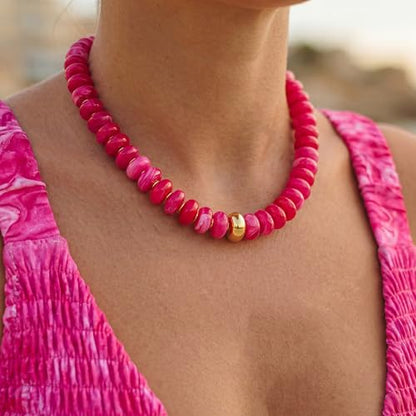 Chunky Beaded Necklace for Women Trendy Multicolor Resin Beads Choker Necklaces Boho Summer Statement Necklace Chunky Heart Jewelry - color: Chunky bead necklace-rose red