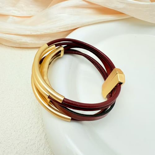 Bracelets for Women Leather Bracelet Multi-Layer Rope Wrap Bangle 14k Gold Plated Cirle Hollow Tube Boho Cuff Bangle Bracelets for Women Gift - style: Tube-Wine Red Leather Bracelet