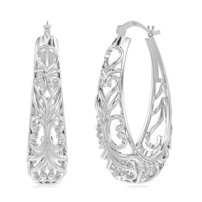 LeCalla 925 Sterling Silver Chunky Hoop Earrings | Filigree Heart Hoop Earrings for Women | Oval & Round Mesh Filigree Click-Top Hoops Earring | Hypoallergenic Earrings for Women - color: Silver Oval Heart Filigree 28MM