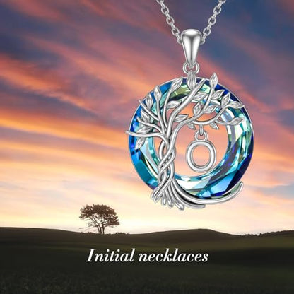 TOUPOP Gifts for Women Tree of Life Initial Necklace 925 Sterling Silver Letter Pendant with Blue Crystal Birthday Jewelry Gifts for Women Her Mom Wife Daughter - color: Tree of Life O Initial