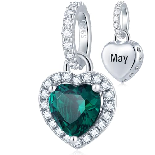 CHAWIN Birthstone Charms, 925 Sterling Silver Heart Dangle Charm, Sparkling CZ Compatible with Pandora Charm Bracelet, Necklace, Birthday Gifts for Women/Wife/Mother - style: 05# May