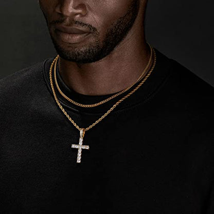 GEMOSA Cross Necklace for Men, Cuban Link Layered Rope Chain Silver/Gold/Black - color: Yellow Gold, size: 16/18 inch