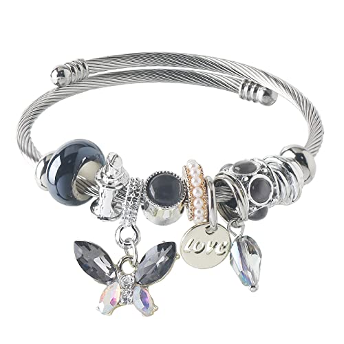 DS Charm Bracelets for girls,exquisite cute cartoon friendship bracelets Silver Stainless Steel Bangle with birthday Gift box, Adjustable girls jewelry Suitable for holiday gifts - style: Silver-gray butterfly