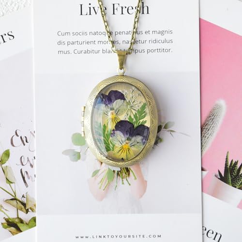 Vintage Photo Locket Necklace Handmade Pressed Flower Locket Necklace for Women - style: Pansy Style2(1.53"x 1.85")