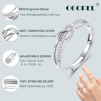 OOOPEL Sterling Silver Adjustable Ring S925 Silver Rings for Women Cubic Zirconia Twist Love Knot Dainty Ring Silver Minimalist Open Finger Rings Silver Thumb Sterling Silver Ring - color: Love Knot with card