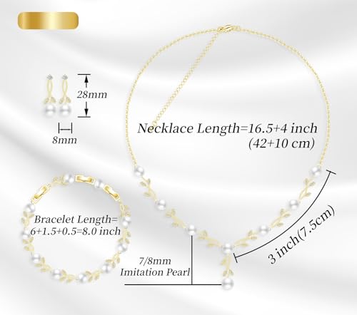 Jewelry Set for Women Bride Bridesmaid Wedding Party Prom Necklace Earrings Bracelet Set Gift for Mother Wife Friend - color: Pearl-Gold-White