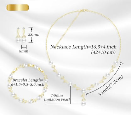 Jewelry Set for Women Bride Bridesmaid Wedding Party Prom Necklace Earrings Bracelet Set Gift for Mother Wife Friend - color: Pearl-Gold-White