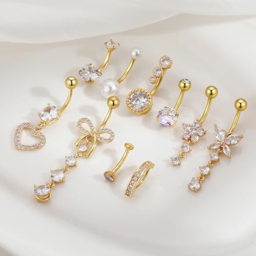BSJ4U 10 Pcs Gold Plated Silver Belly Button Ring Dangle Hypoallergenic Surgical Stainless Steel Belly Rings for Women CZ Floating Clicker Heart Pearl Bow Flower Butterfly Navel Piercing Jewelry Dangly Navel Ring - color: Gold Plated Belly Button Ring