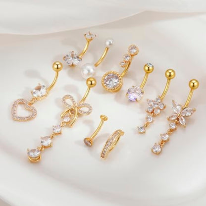 BSJ4U 10 Pcs Gold Plated Silver Belly Button Ring Dangle Hypoallergenic Surgical Stainless Steel Belly Rings for Women CZ Floating Clicker Heart Pearl Bow Flower Butterfly Navel Piercing Jewelry Dangly Navel Ring - color: Gold Plated Belly Button Ring