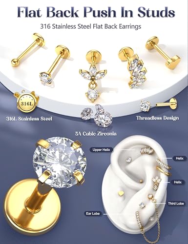 LOLIAS Hypoallergenic Gold Threadless Flat Back Stud Earrings for Women | 20G 18G 16G Surgical Steel Earrings Push in Nose Studs CZ Cartilage Earring Set Labret Helix Tragus Conch Piercing Jewelry - color: 14K Gold, size: 20G(0.8MM)-Leaf&Wings