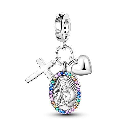 Hapour 925 Sterling Silver Charm for Bracelet Necklace Women Pendant Beads | Virgin Mary Charm, Religious Cross Heart Dragon European Jewelry Mom Charm - color: The Virgin Mary and Cross