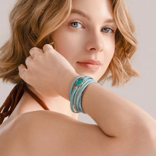 Boho Chunky Leather Wrap Bracelets Stackable Beaded Western Country Jewelry | Crystal Bead Trendy Layered Cuff Magnetic Clasp Stack Bohemian Statement Costume Outfits Cowgirl Fashion Hippie Accessories - color: Teal, size: 14.7"