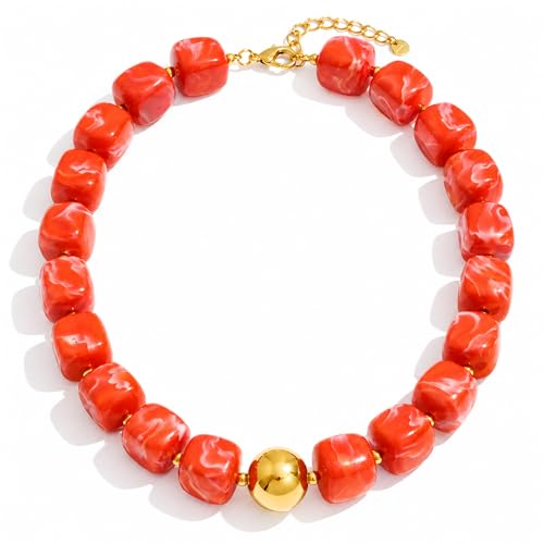 Mchic Colorful Beaded Choker Necklace for Women: Boho Large Square Acrylic Beaded Necklace Stainless Steel Adjustable Surfer Beach Strand Necklaces Summer Handmade Jewelry Gift for Women - color: Orange1