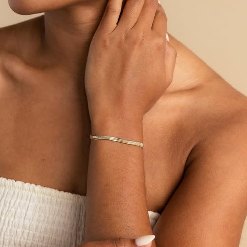 SLOONG 14K Gold Plated Pearl Bracelets for Women Trendy | Dainty Stackable Layered Chain Bridesmaid Bracelets, Waterproof Wedding Jewelry for Women Adjustable 6"+2" - color: Style6(Snake Chain)
