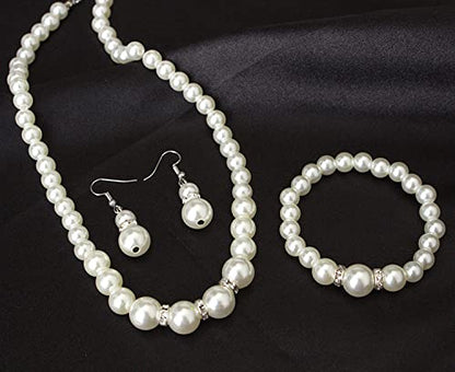 COLORFUL BLING 1920s Classic Faux Pearls Necklace Multi-Layer Strand Bracelet Dangle Earrings Set Beads Accessories Wedding Costume Party Jewelry for Women - color: White 2
