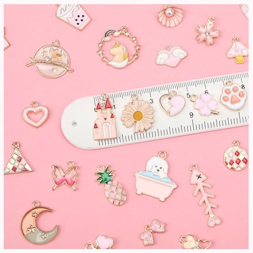 MARFOREVER 120 Pcs Pink Charms for Jewelry Making | Assorted Gold Enamel Pink Pendants, Mixed Theme Flowers Heart Fruit Moon Star Dangle Charms, Bracelet Necklace Earrings Craft