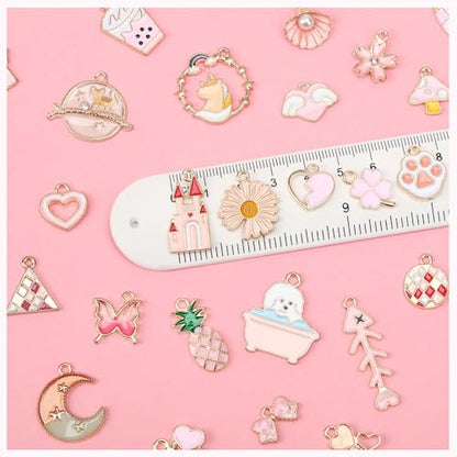 MARFOREVER 120 Pcs Pink Charms for Jewelry Making | Assorted Gold Enamel Pink Pendants, Mixed Theme Flowers Heart Fruit Moon Star Dangle Charms, Bracelet Necklace Earrings Craft