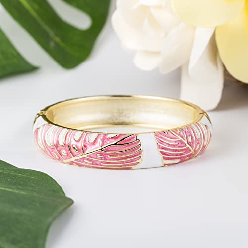 Hawaiian Monstera Luau Leaves Hinged Clasp Fashion Enamel Bangle Bracelet - color: Pink