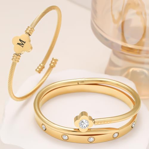 14K Gold Plated Personalized Flower Bracelet Set with Initial Charm Trendy Stackable Jewelry for Women - style: style1 M