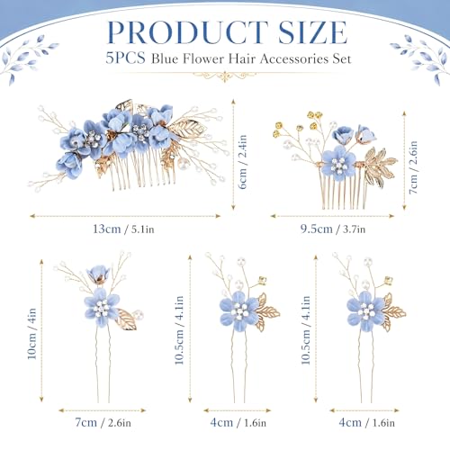 5 Pcs Blue Bridal Hair Comb and Hair Pins Set, Flower Wedding Hair Accessories with Rhinestones Pearls for Bride Bridesmaids Prom Party
