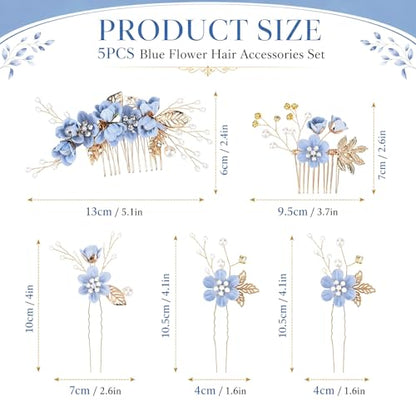 5 Pcs Blue Bridal Hair Comb and Hair Pins Set, Flower Wedding Hair Accessories with Rhinestones Pearls for Bride Bridesmaids Prom Party