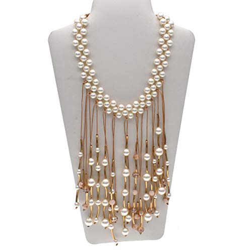 utop JNF Hand made Pearl Statement Necklace for Women Rhinestone Multilayer Crystal Necklaces Chunky Pearl Necklace Large Pearl Necklace and Earrings Set for Mother Mom's gift - color: bib pearl necklace white