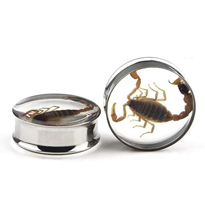 Ear Gauges Plugs Genuine Scorpion Inlay Stainless Steel Double Flare Tunnels Stretching Expander Body Piercing Jewelry 2 Pieces - color: Gauge 1" (25mm)