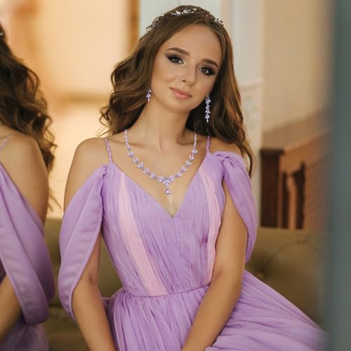 Paxuan Wedding Jewelry Sets for Bride Bridesmaid Bridal Jewelry Set for Women Wedding Crystal Necklace Earrings Bracelet Set for Party Prom Jewelry - color: Light Purple - Silver