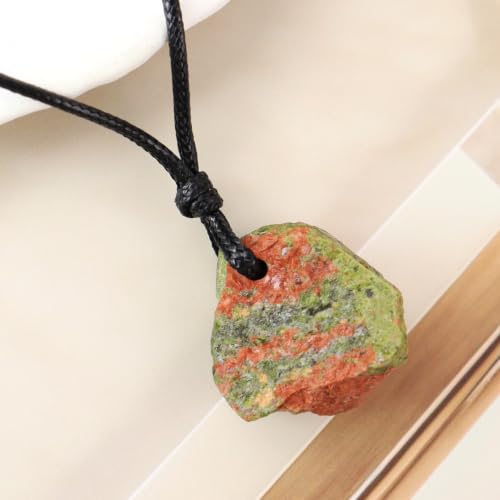 FANASY Natural Raw Crystal Necklace for Women Irregular Stone Necklaces Spiritual Gemstone Pendant with Adjustable Rope - color: Unakite