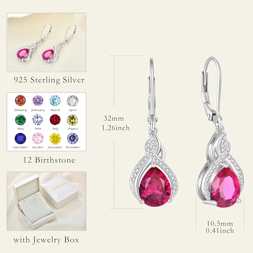 925 Sterling Silver Infinity Teardrop Earrings for Women | Lwsary Dangle Drop Leverback Earrings, Pear Shaped Birthstone Jewelry for Her - color: Deep Red