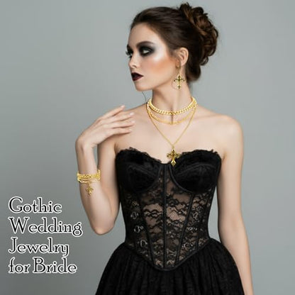 Tondiamo 3 Pcs Gothic Jewelry Set Cross Necklace for Women Goth Earrings Bracelet Layered Y2k Choker Costume Accessory - color: Golden, style: Cross