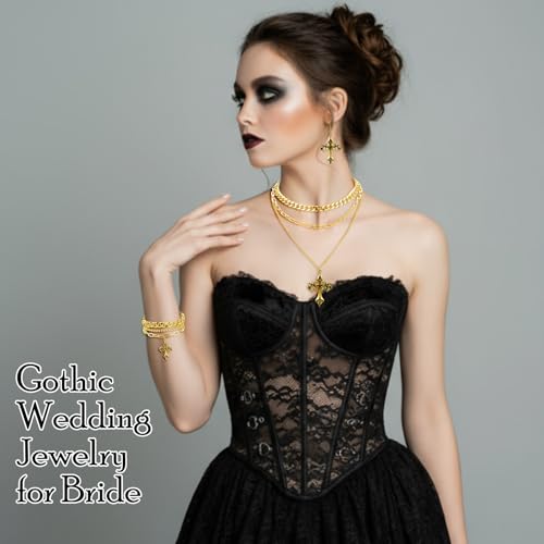 Tondiamo 3 Pcs Gothic Jewelry Set Cross Necklace for Women Goth Earrings Bracelet Layered Y2k Choker Costume Accessory - color: Golden, style: Cross