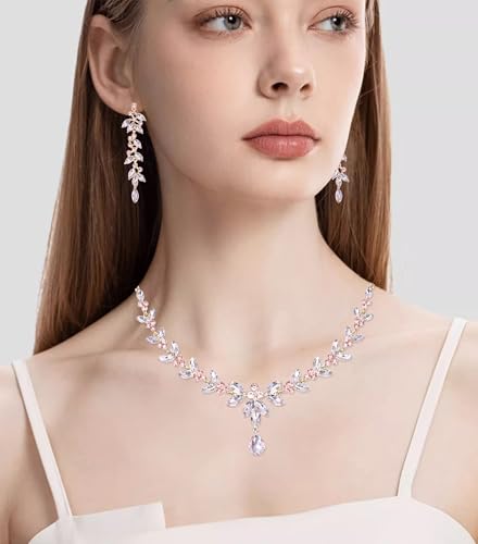 CSY Elegant Bridal Jewelry Sets Wedding Prom Homecoming Gown Accessories | Austrian Marquise Crystal Wedding Necklace Dangle Earrings Tennis Bracelet Ring Set for Bride Women Costume Accessories - color: light pink - gold tone