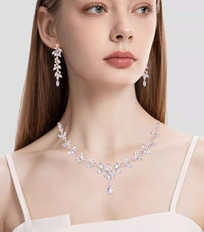 CSY Elegant Bridal Jewelry Sets Wedding Prom Homecoming Gown Accessories | Austrian Marquise Crystal Wedding Necklace Dangle Earrings Tennis Bracelet Ring Set for Bride Women Costume Accessories - color: light pink - gold tone