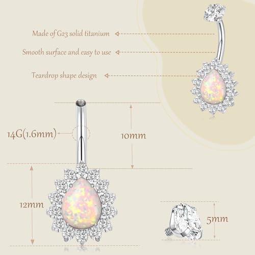 AROWRO Gold Belly Button Ring G23 Titanium Hypoallergenic 14G belly ring for Women Men Teardrop Navel Piercing Jewelry 10mm Barbell With Cubic Zircon - color: Sliver+White Opal