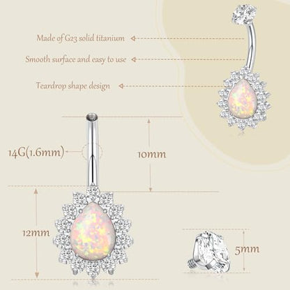 AROWRO Gold Belly Button Ring G23 Titanium Hypoallergenic 14G belly ring for Women Men Teardrop Navel Piercing Jewelry 10mm Barbell With Cubic Zircon - color: Sliver+White Opal