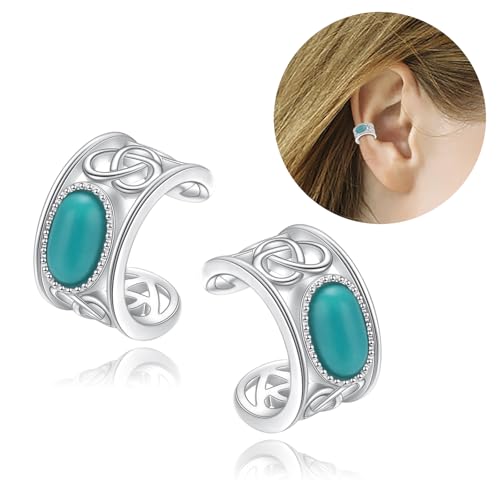 Birthday Gifts 925 Sterling Silver Ear Cuff Non Pierced Fake Cartilage Cuffs Huggie Earrings for Women Girls - Set of 2 - style: Celtic Turquoise